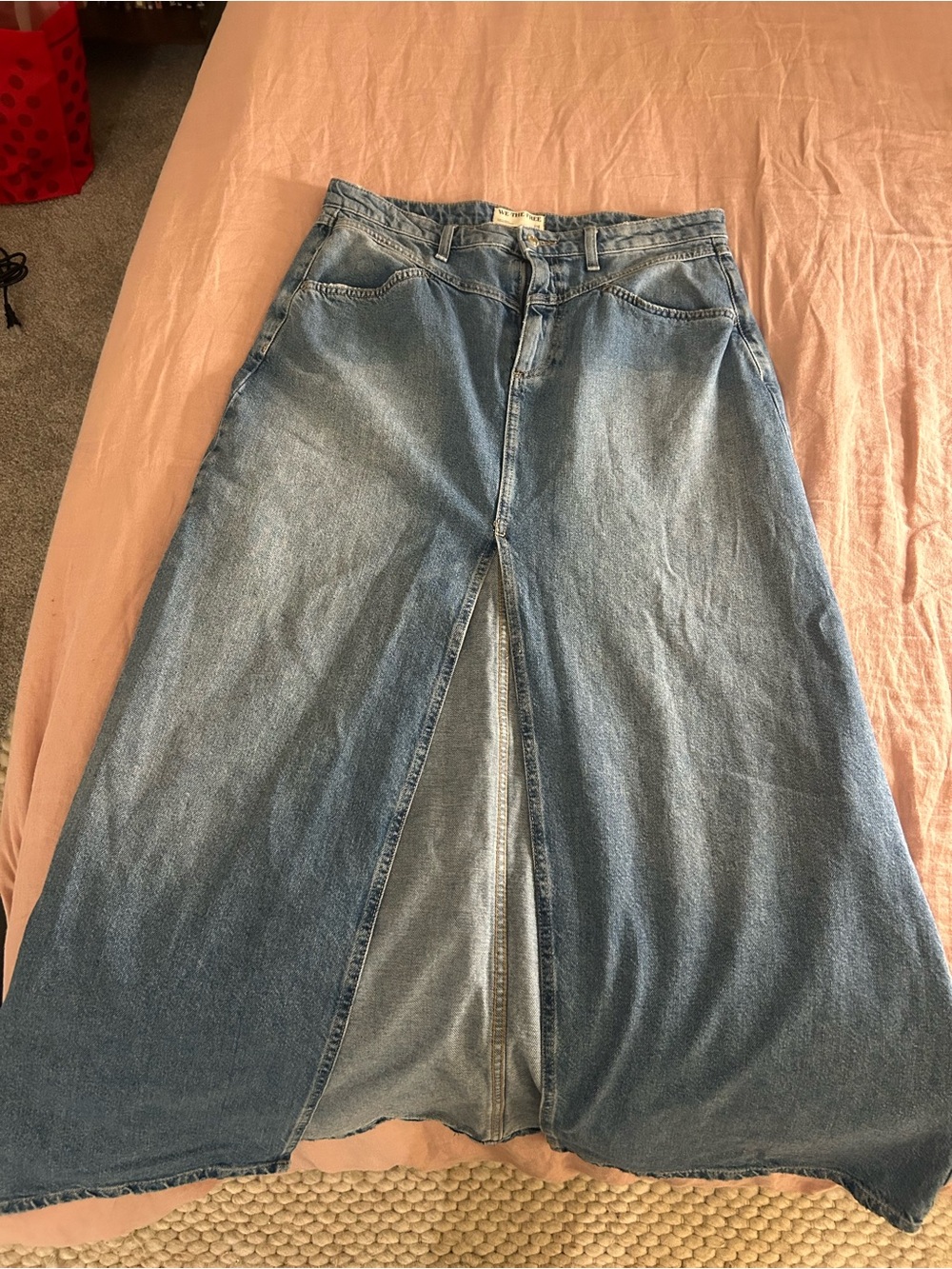 Classic High-Waist Straight Leg Jean skirt with slit - Blue Denim